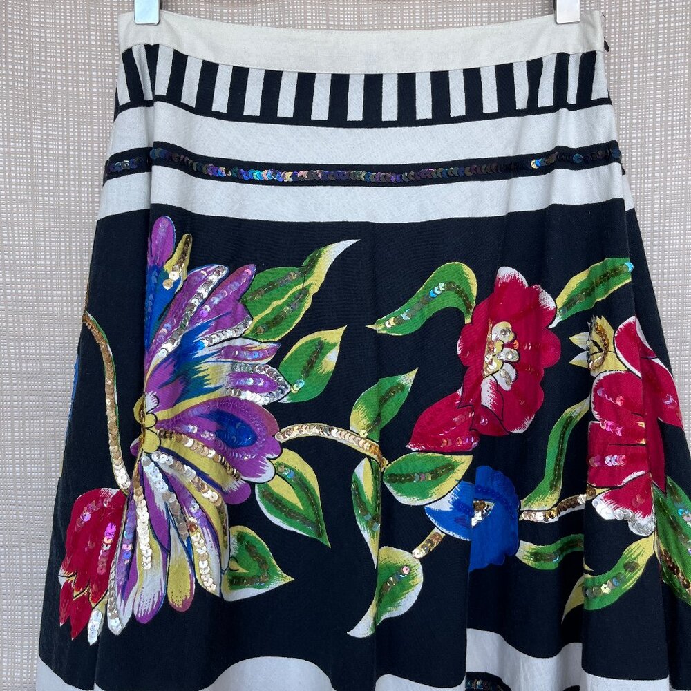 NWT Floral Sequins Skirt Black White Stripe Festive Playful Whimsy Goth Lydia - Picture 3 of 15